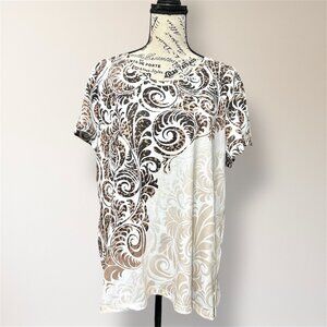 Chico's XL Brown White Floral Scroll Rhinestone Tee Short Sleeve Boho Resort Top